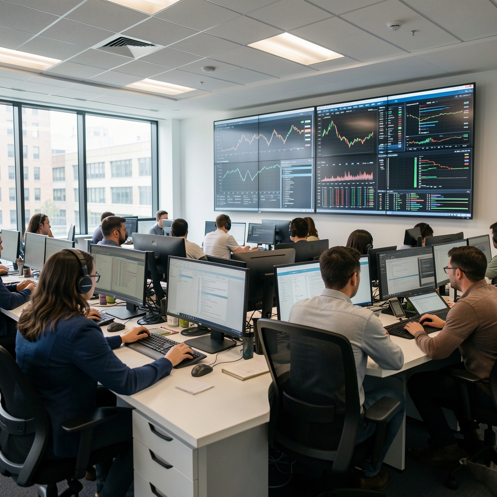 Современный newsroom с журналистами, работающими за компьютерами и анализирующими данные на больших экранах — профессиональная редакция новостей